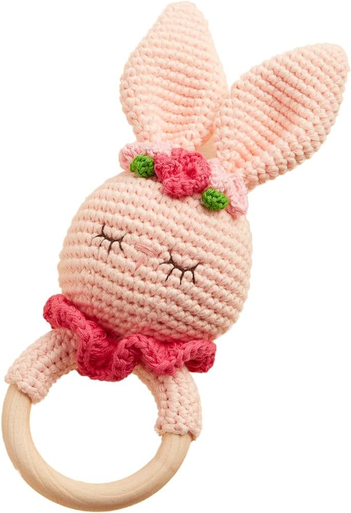 Chippi & Co Crochet Teether Wooden Rattle Ring, Long Ear Stuffed Pink Rabbit Plush Baby Newborn B... | Amazon (US)