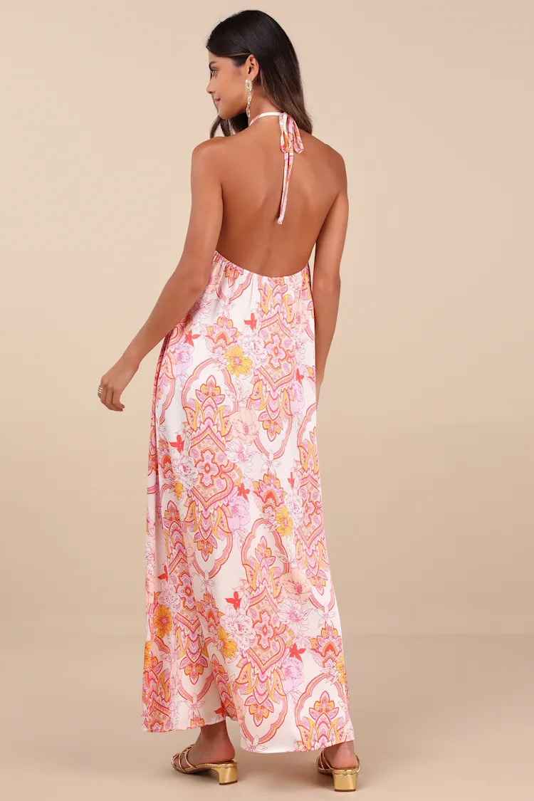 Nikoletta Coral Pink Paisley Print Halter Maxi Dress | Lulus
