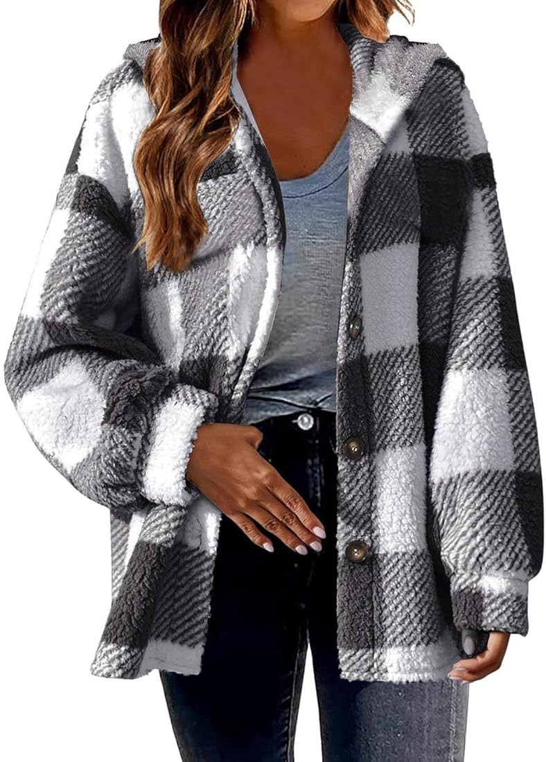 Womens Winter Coats Casual Fuzzy Fleece Hoodies Open Front Fall Sherpa Jackets Warm Plaid Cardiga... | Amazon (US)