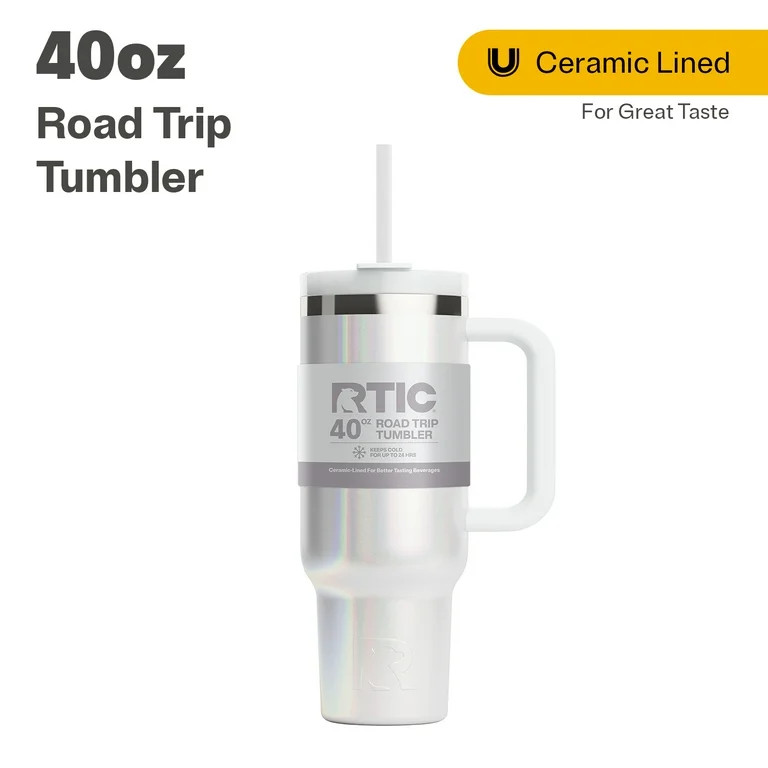 RTIC 40 oz Ceramic Lined Road Trip Tumbler, Leak-Resistant Lid with Straw, White Glitter | Walmart (US)