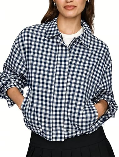 Women's gingham Cropped Jacket Trench Coat Lightweight Zip-Up Lounge Plaid Shacket Outwear with P... | Amazon (US)