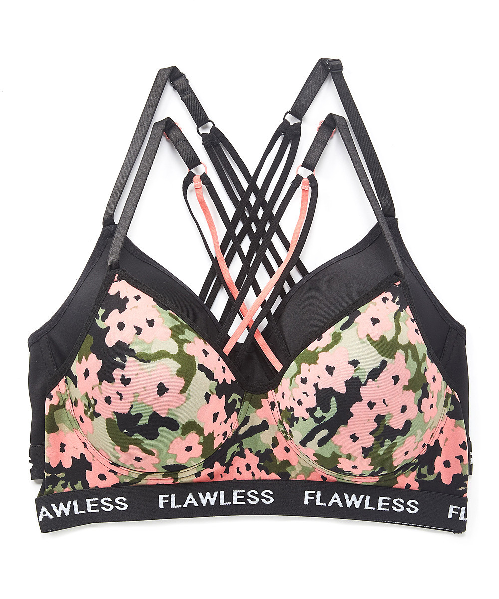 Lady Princess Women's Bras - Black & Pink Floral Camouflage Strappy Racerback Sports Bra Set | Zulily