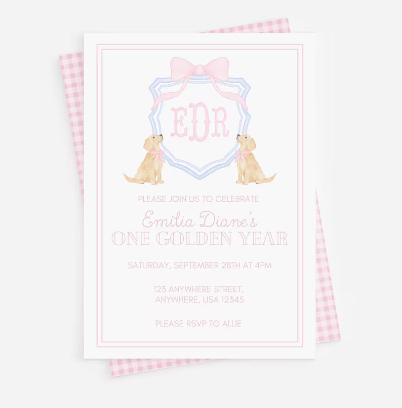 One Golden Year Birthday Invitation, Watercolor Golden Retriever Birthday Invite, Girl Puppy Part... | Etsy (US)