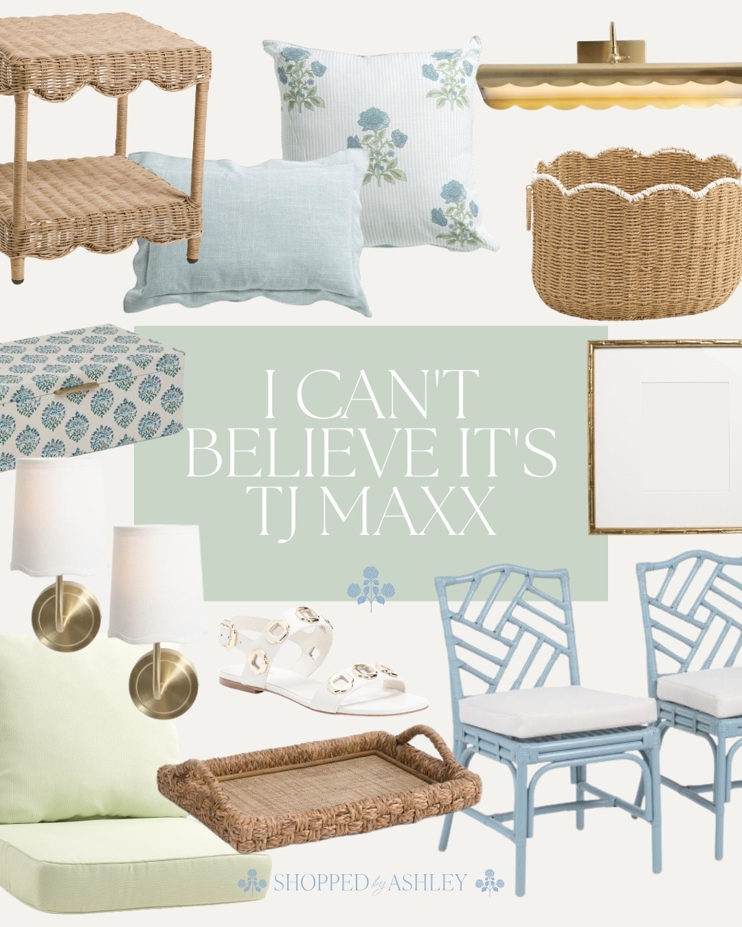 New at @TJ Maxx 🤩

TJ Maxx finds, TJ Maxx new arrivals, gold bamboo frame, Chippendale chairs, scallop sconces, blue and green decor, Grandmillennial home, blockprint, scallop basket, rattan furniture 

#LTKHome