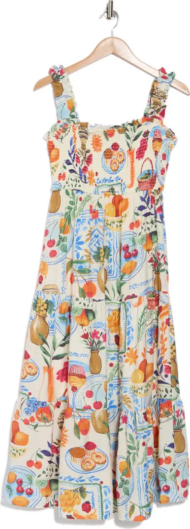 AUGUST SKY Mixed Print Smocked Tiered Midi Dress | Nordstromrack | Nordstrom Rack