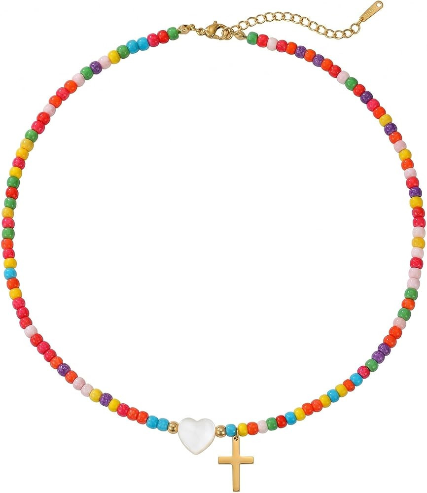 Colorful Beaded Cross Necklace for Women Girls with Pearl Heart Pendant 18K Gold Plated Stainless... | Amazon (US)