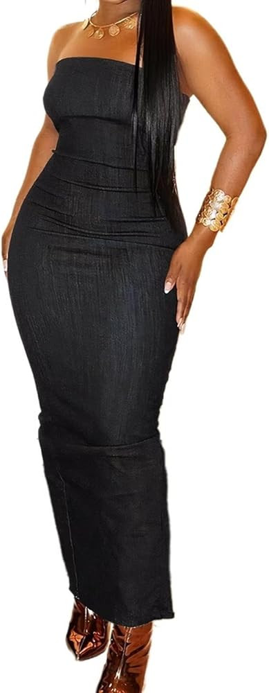 Flamingals Sexy Off Shoulder Sleeveless Maxi Dress for Women Zip Back Split Hem Party Long Dress | Amazon (US)