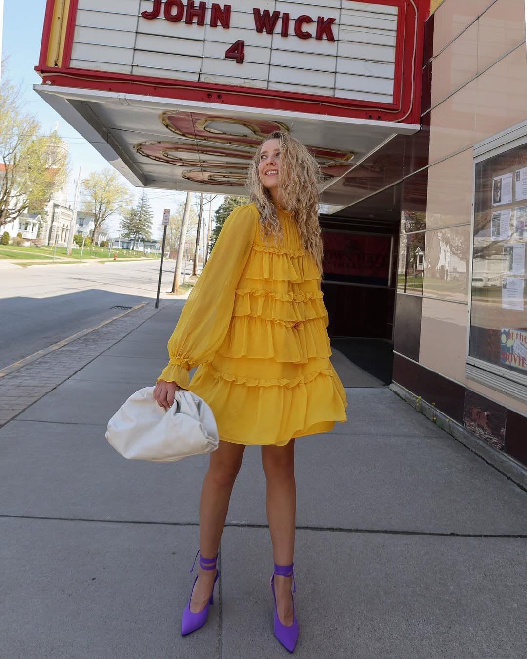 Ready for the premiere in this bright yellow tiered dress paired with a white clutch and pop of purple heels! #LTKMovieNight #YellowDress #ColourPop 

 #LTKdayinmylife #LTKootd #LTKSaleAlert