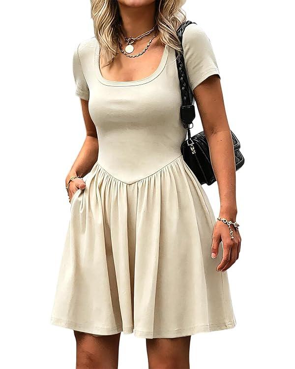 Mieazom Women's Summer Casual Short Sleeve Mini Dress Square Neck A Line Pleated Swing Dresses Ba... | Amazon (US)