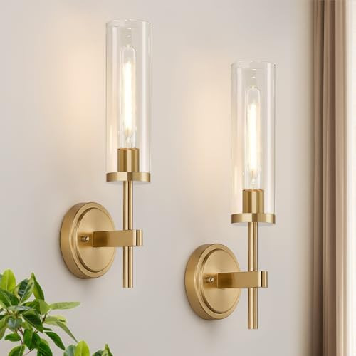 Hardwired Wall Sconces Set of Two, Brushed Gold Bathroom Sconces with Clear Glass, Modern Wall Li... | Amazon (US)
