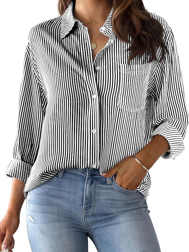 CUNLIN Wrinkle Free Women's Button Down Shirts Striped Long Sleeve Collared Blouses Tops with Poc... | Amazon (US)