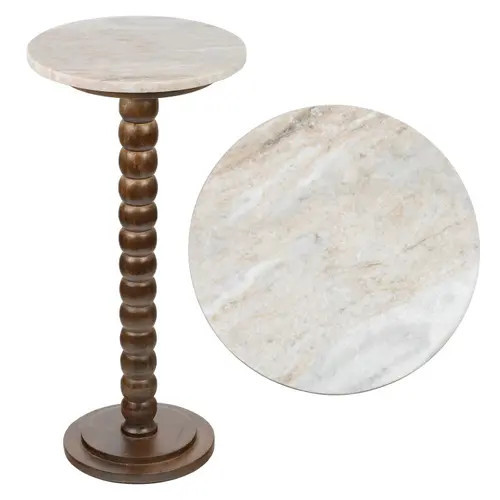 JONATHAN Y Monroe 24.25"" Rustic Farmhouse Spindle Wood Drink Table and Decorative End Table with White/Beige Marble Round Top in Dark | Nordstrom