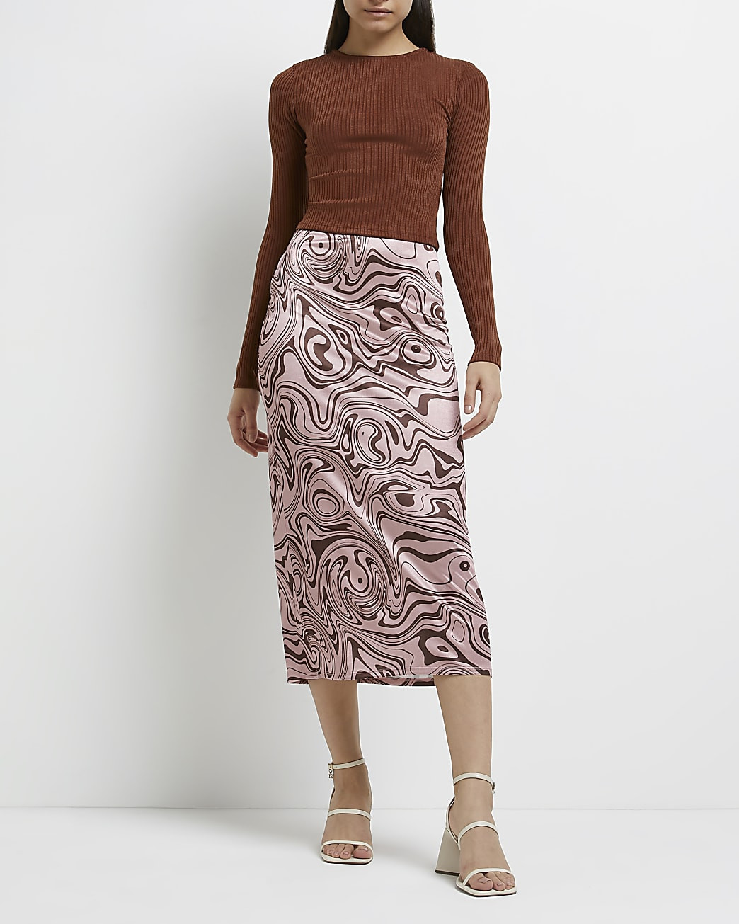 River Island Womens Pink swirl print satin midi skirt | River Island (US)