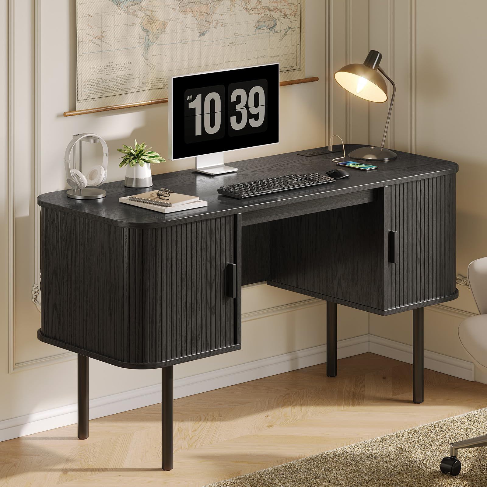 55 Inch Fluted Computer Desk with Charging Station, Mid Century Executive Desk with 2 Storage Cab... | Amazon (US)