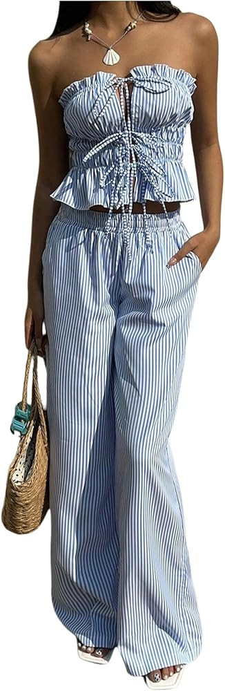 WDIRARA Women's 2 Piece Set Striped Strapless Bandeau Wide Leg Pants Pants Outfits | Amazon (US)