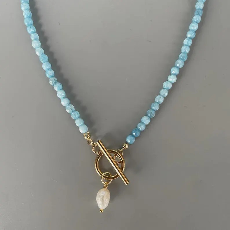 Faceted Aquamarine Beaded Necklace, Baroque Pearl Drop, Gold Toggle Clasp Choker | Etsy (Global)