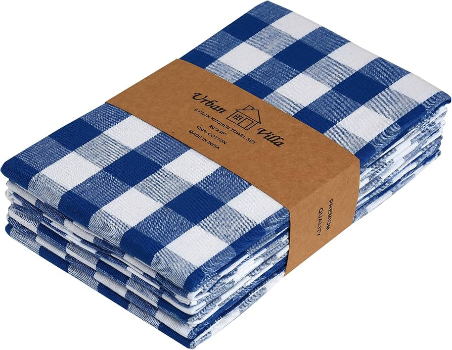 Urban Villa Kitchen Towels Set of 6 Buffalo Checks Blue/White Kitchen Towels 20X30 Inches 100% Co... | Amazon (US)