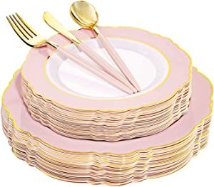 WDF 30Guest Pink Plastic Plates & Gold Plastic Silverware With Pink Handle-Baroque Pink &Gold Pla... | Amazon (US)