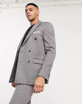 Burton Menswear double breasted slim blazer in grey stripe | ASOS (Global)
