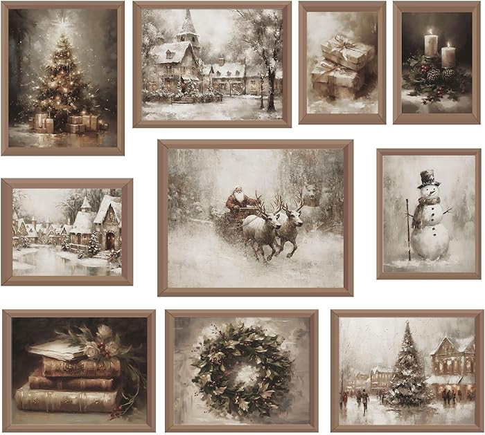 Whaline 10Pcs Christmas Vintage Wall Art Prints Retro Xmas Tree Santa Snowman Paper Posters Winte... | Amazon (US)