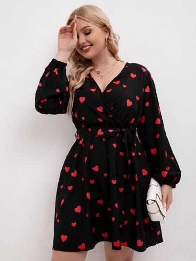 Plus Heart Print Lantern Sleeve Belted Dress | SHEIN