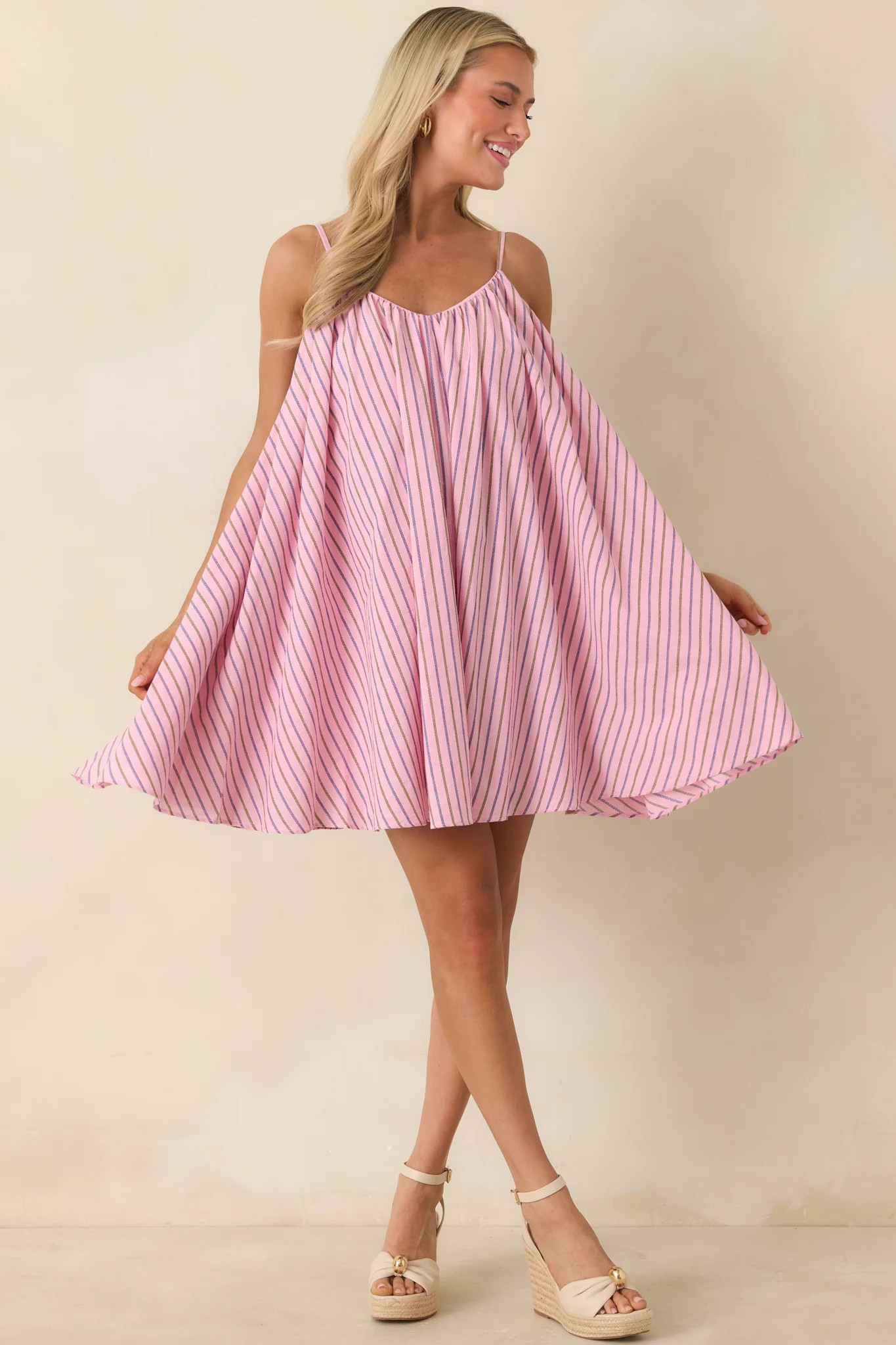 FRNCH Poroa Pink Stripe Cotton Mini Dress - XS / Pink | Red Dress