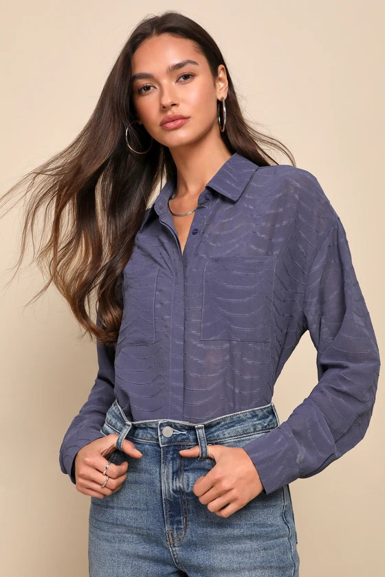 Elevated Perception Slate Blue Sheer Textured Wavy Button-Up Top | Lulus