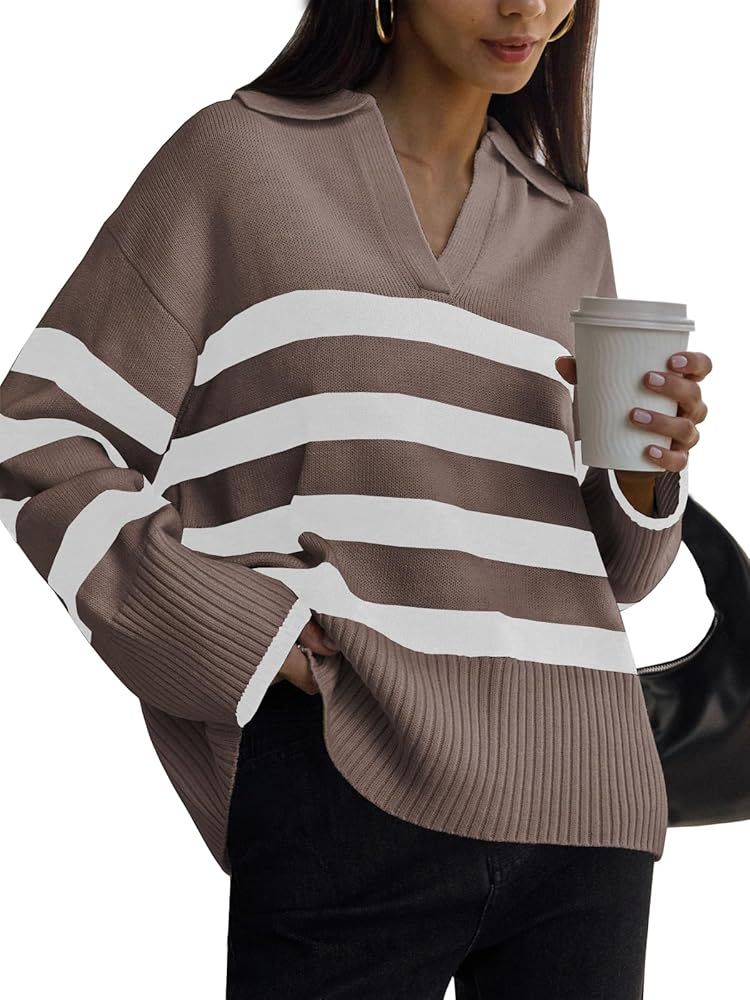 LILLUSORY Womens Striped Oversized Fashion Sweaters Collared Knit Pullover Tunic Long Sleeve Tops | Amazon (US)