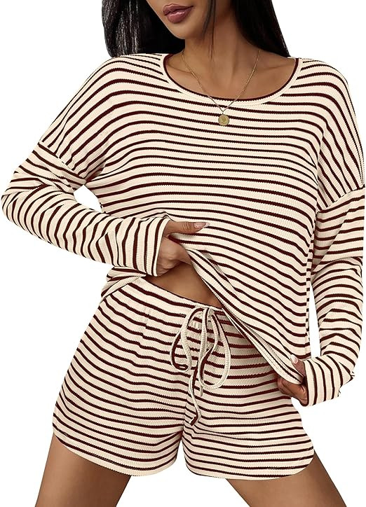 Ekouaer Waffle Lounge Sets Long Sleeve Shorts Striped Pajamas Set Matching Waffles Knit 2 Piece O... | Amazon (US)