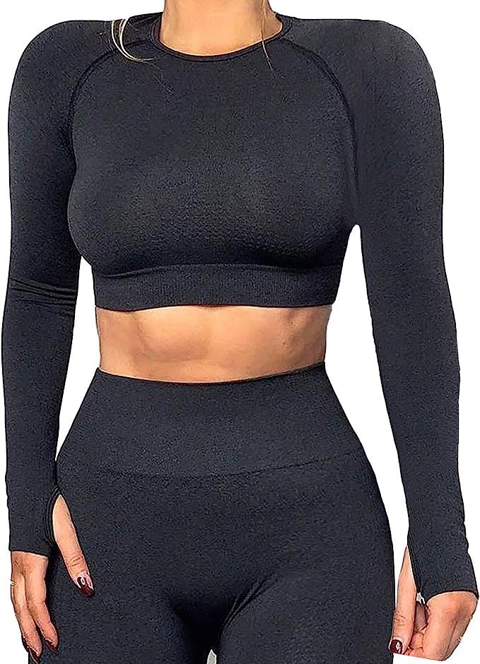 KIWI RATA Women Seamless Long Sleeve Yoga Gym Crop Top Thumb Hole Fitted Sportwear Activewear Shi... | Amazon (US)