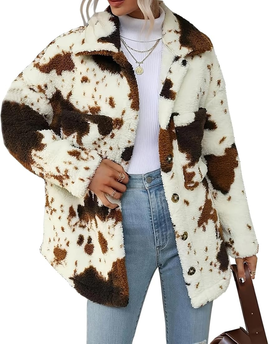 HBER Women's Casual Faux Fur Jacket Trendy Long Sleeve Button Up Cow Print Autumn Winter Loose Sh... | Amazon (US)