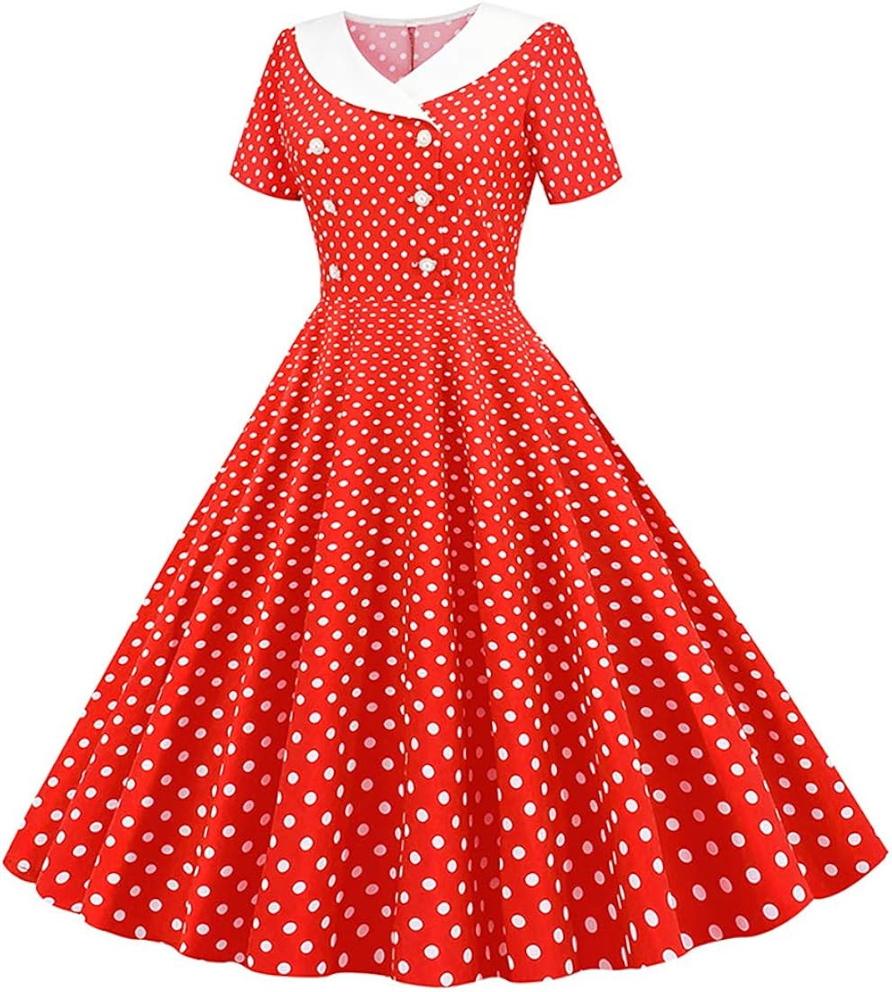 Women Double Breasted Notch Lapel 50s Vintage Short Sleeve Cocktail Swing Dress Polka Dot 1950s R... | Amazon (US)