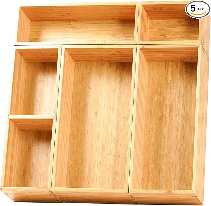 Umilife Drawer Organizer Storage Boxes, 2.5" High Bamboo Drawer Dividers, 5 Rearrangeable Bins fo... | Amazon (US)