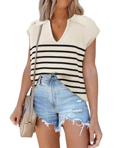 Womens Cap Sleeve Sweaters Tops 2024 Striped Sleeveless Vest Knit Tops Casual Summer Color Block V Neck Short Sleeve Shirts(S.Stripe Apricot) | Amazon (US)