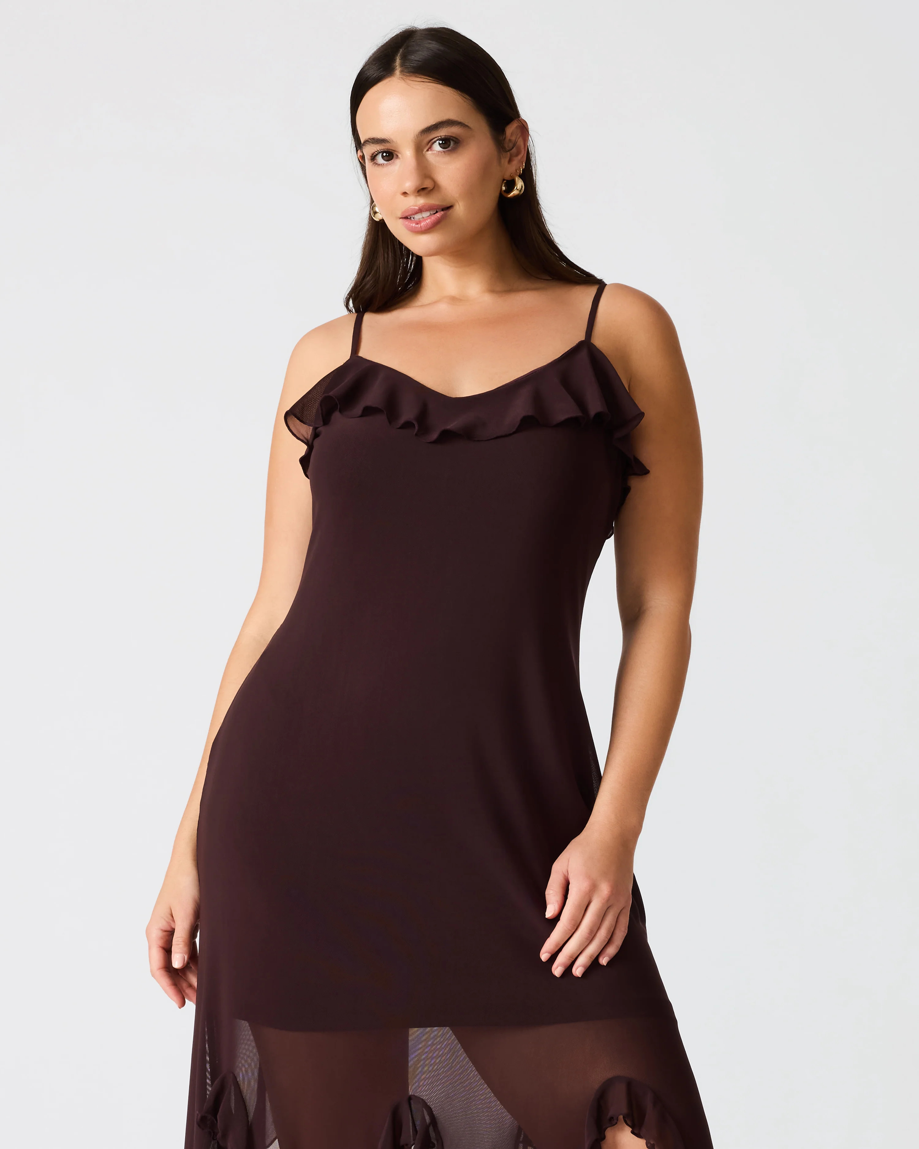 MARIANE Chocolate Sleeveless Ruffle Women's Midi Dress | Steve Madden (US)