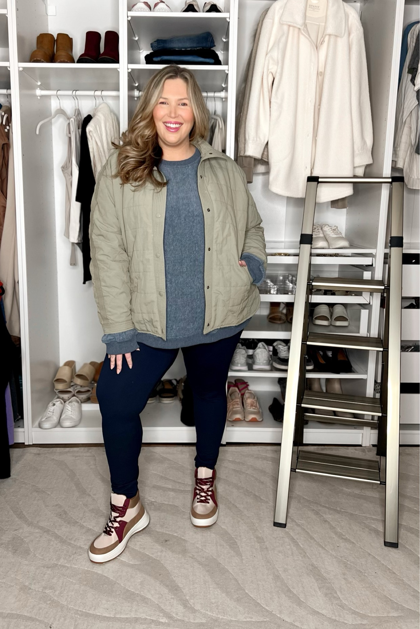 Plus Size OOTD! Loving these shoes from maurices so much! They are so comfy with my new buttery soft Amazon leggings, omg! I sizes up in both the leggings and the sweatshirt and I’m glad I did (I ordered both in a 3X)! Love the quilted jacket layer to throw on and it’s the best neutral color that goes with most things! Runs true to size I’m in the 2X. 

#LTKSeasonal #LTKstyletip #LTKplussize