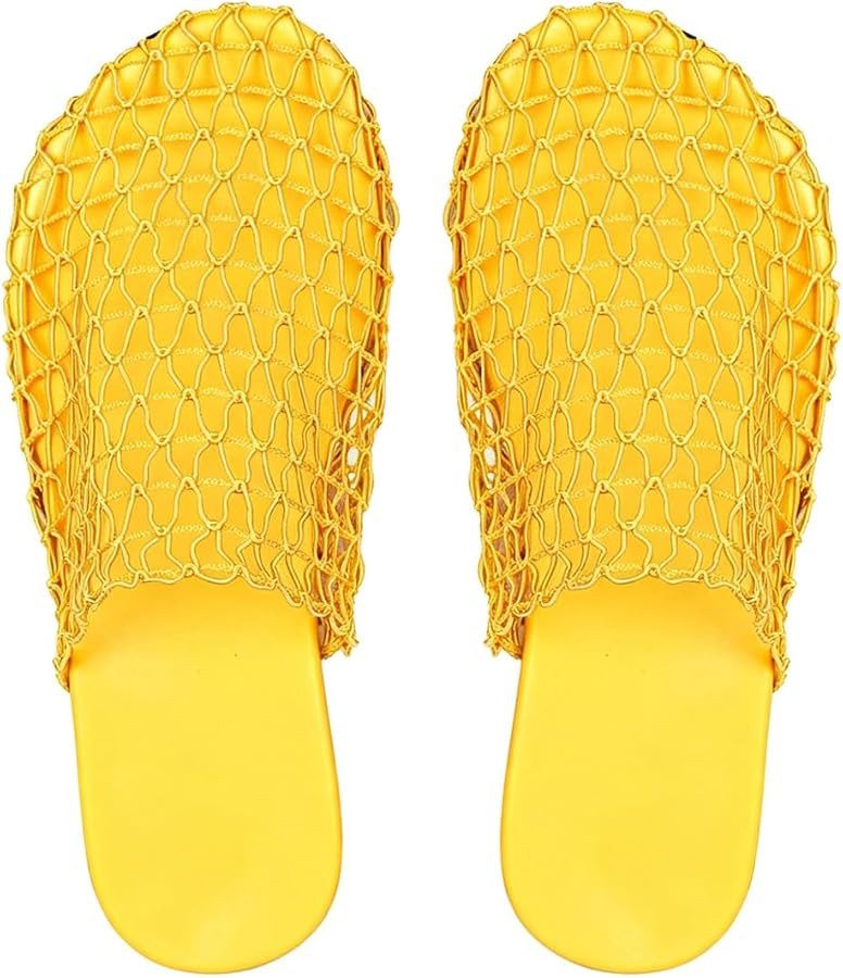 OYOANGLE Women's Fishnet Mesh Sandals Hollow Out Slip On Summer Flats | Amazon (US)
