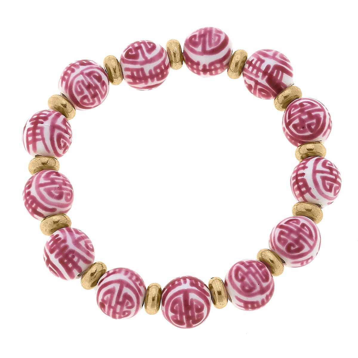 Delaney Pink Chinoiserie Stretch Bracelet in Pink & White | CANVAS