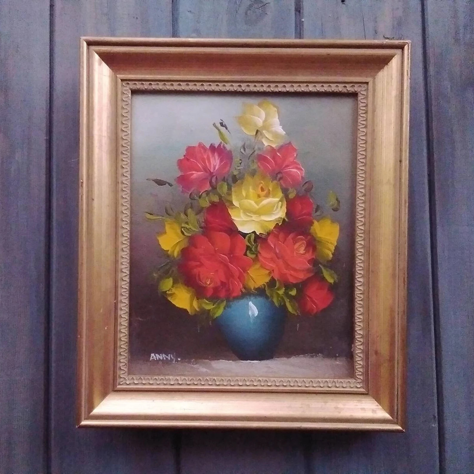 Oil Painting Still Life on Canvas. Flowers, Roses or Florals. Red and Yellow in a Blue Vase. Sign... | Etsy (UK)