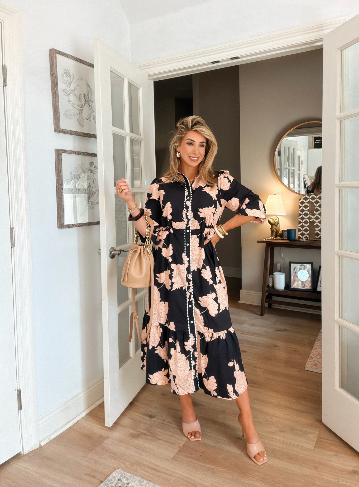 Dark floral dress for fall. Pretty scallop detailing along the collar and down the front. Waist cinching ties on both sides.

Fall outfits women, fall dresses, maxi dress, midi dress, teacher outfits, work outfits, business casual outfits, summer outfits over 40

#LTKgrwm #LTKootd #LTKOver40
