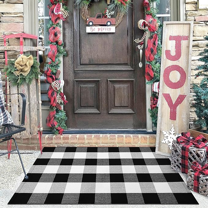 KILOCOCO Buffalo Plaid Checkered Rug Door Mat Cotton Front Door Rug 27.5x43 Inches | Amazon (US)