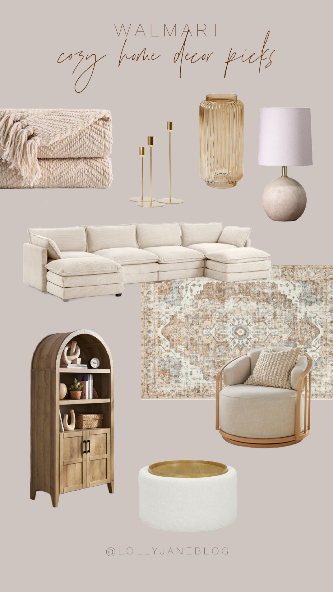 Walmart cozy home decor picks and finds! 🤎

Transform your space with these must-have finds from Walmart! From a stylish wooden arched cabinet to a cozy throw blanket, each piece adds that perfect touch of elegance. Add a pop of style with this beautiful rug and pretty lamp, or give your living room a chic upgrade with a gorgeous cream couch and matching armchair. Don't forget the finishing touches—gold candle holders, a glass planter, and a cozy white ottoman to make your home feel extra inviting. Shop now and create the perfect vibe! #HomeDecor #WalmartFinds #LivingRoomGoals

#LTKMostLoved 

#LTKHome #LTKStyleTip