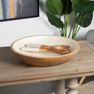 Litton Lane Cream Handmade Mango Wood Decorative Bowl with Matching Salad Serving Utensils (Set o... | The Home Depot