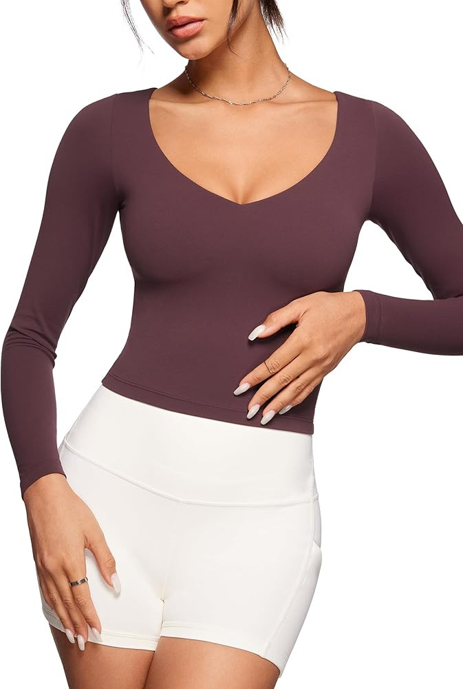 Amazon.com: INGIA Womens V-Neck Long Sleeve Workout Crop Tops Slim Fit Padded Athletic Shirts Cas... | Amazon (US)