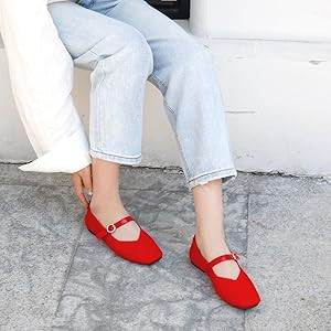 Mary Jane Ballet Knit Flats for Women Shoes Square Toe Flats Washable Shoes with Straps Comfort O... | Amazon (US)
