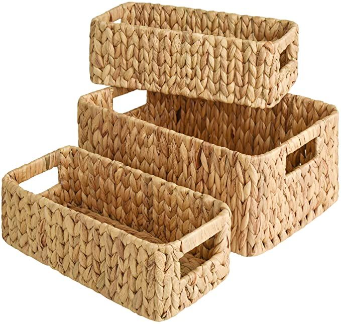 StorageWorks Water Hyacinth Storage Baskets, Square Wicker Baskets with Built-in Handles, Hand-Wo... | Amazon (US)