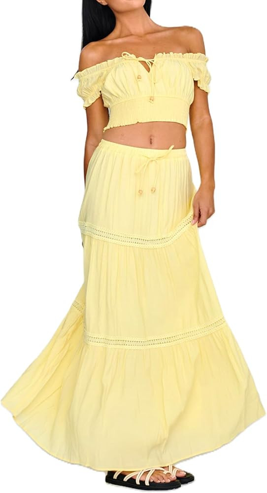 UAURORAO Women Flowy Maxi Skirt 2 Piece Boho Outfits Off Shoulder Crop Top Tiered Ruffle Long Ski... | Amazon (US)