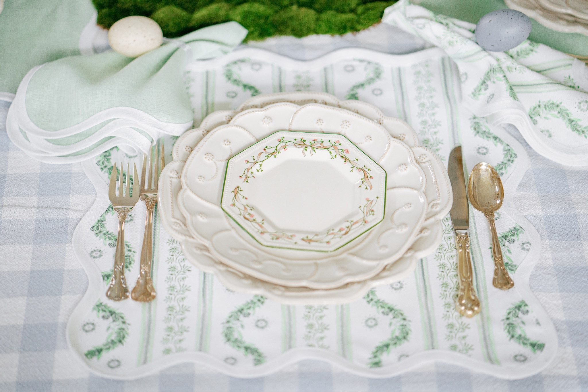 Easer table decor
Grandmillennial home decor for spring scalloped placemats napkins linens 

#LTKhome #LTKunder50 #LTKSeasonal