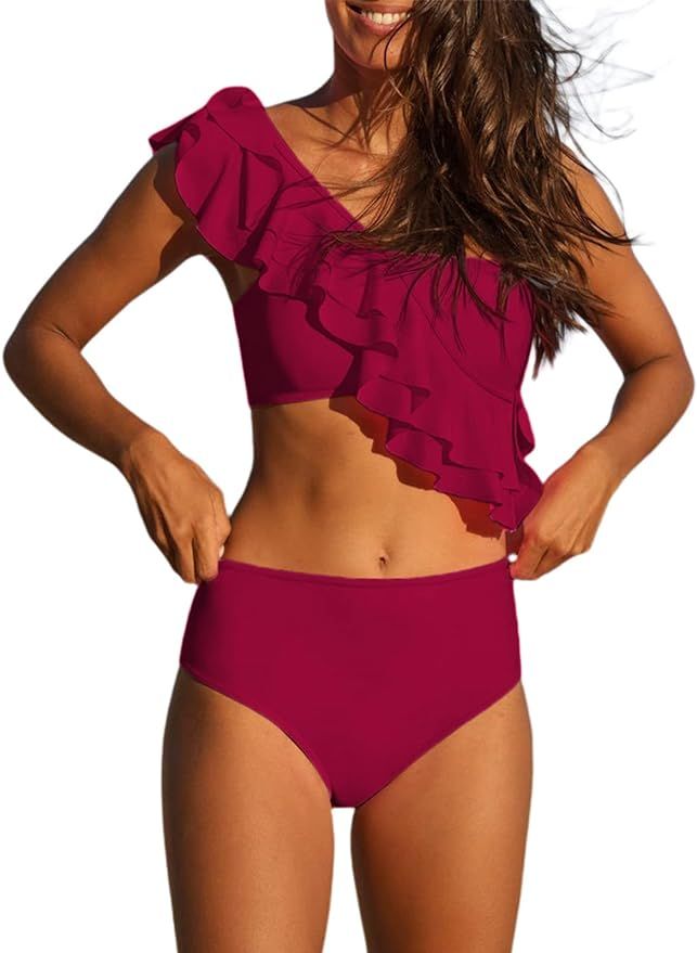 Hilinker Women's Ruffle One Shoulder Bikini Mid Waist Bikini Swimsuit 2 Piece Bathing Suit | Amazon (US)
