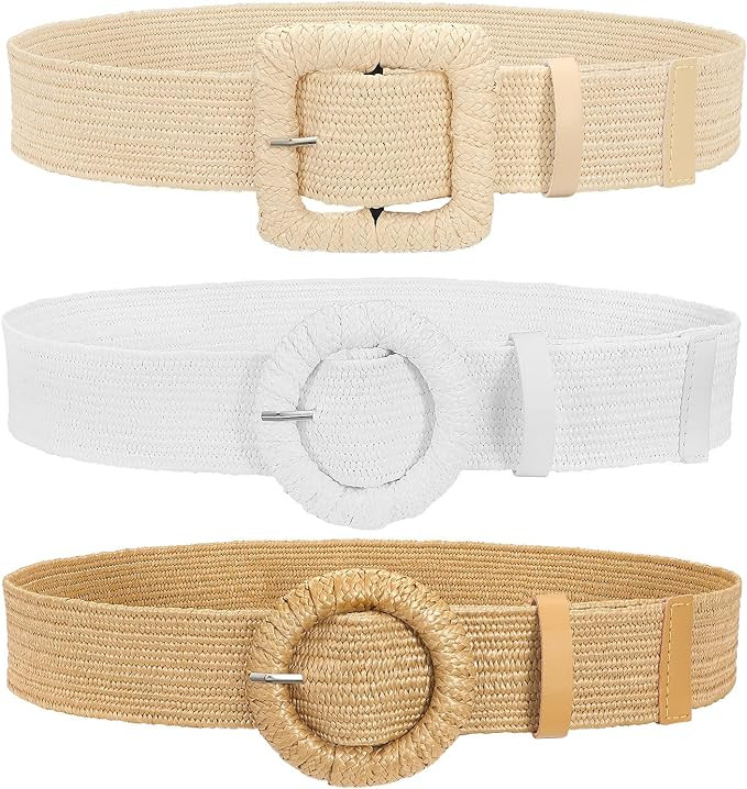 WHIPPY Set of 3 Straw Woven Elastic Belt for Women Stretchy Belts for Dress Boho Belt Rattan Wais... | Amazon (CA)